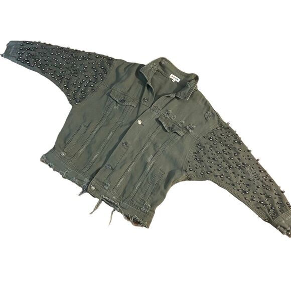 Sunset + Spring Embellished Oversized Distressed Denim Jacket Size XS Green - Picture 4 of 11